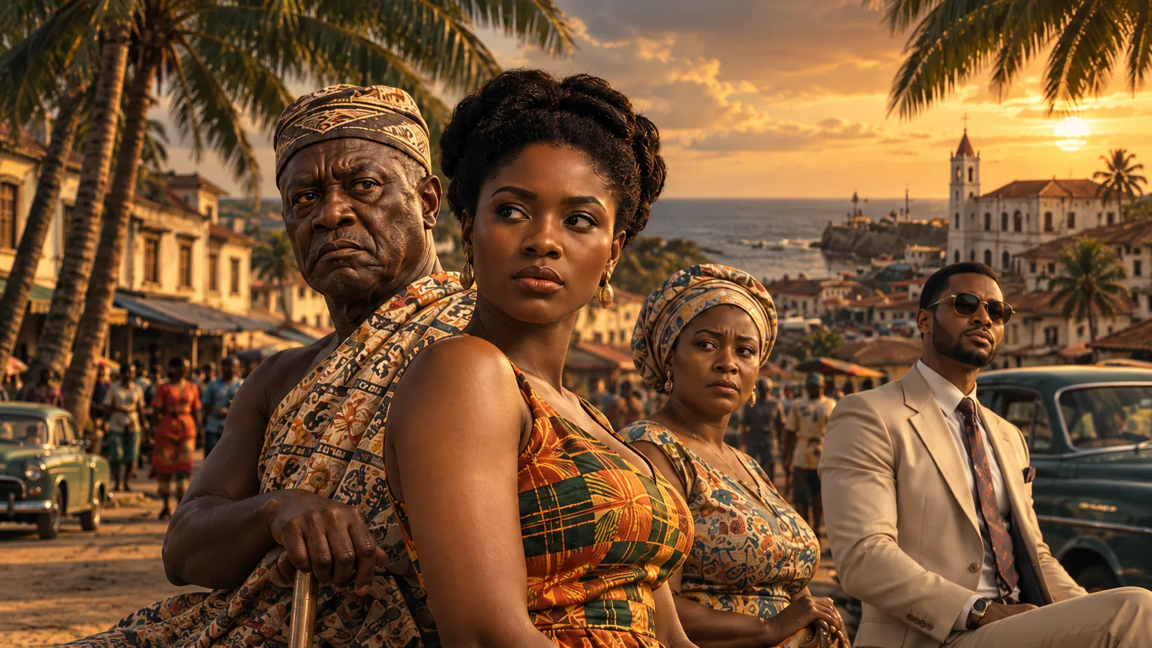Concept artwork of Rosina, her family, and a wealthy suitor in a Ghanaian coastal town at sunset