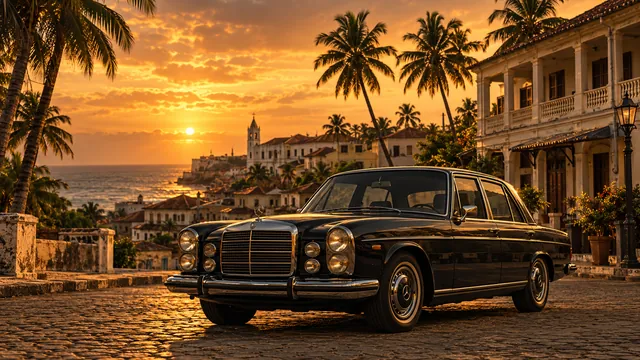 A vintage sedan outside a colonial villa at sunset